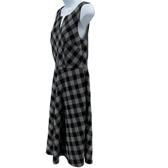 eShakti Dress SZ S Midi Fit & Flare Black Gray Plaid Sleeveless Split Neck Lined - Picture 3 of 7